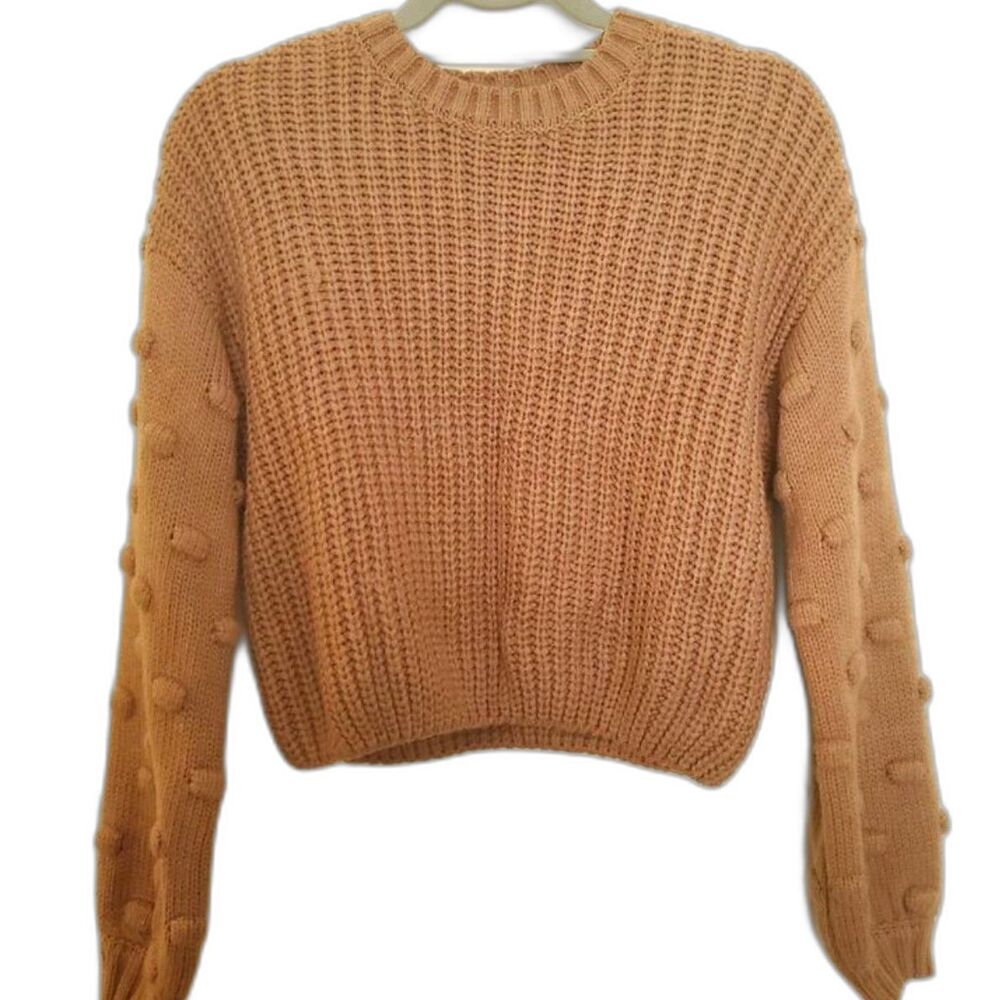 Moon & Madison 100% Acrylic Brown Bubble Sleeve Cropped Crochet Sweater Size S